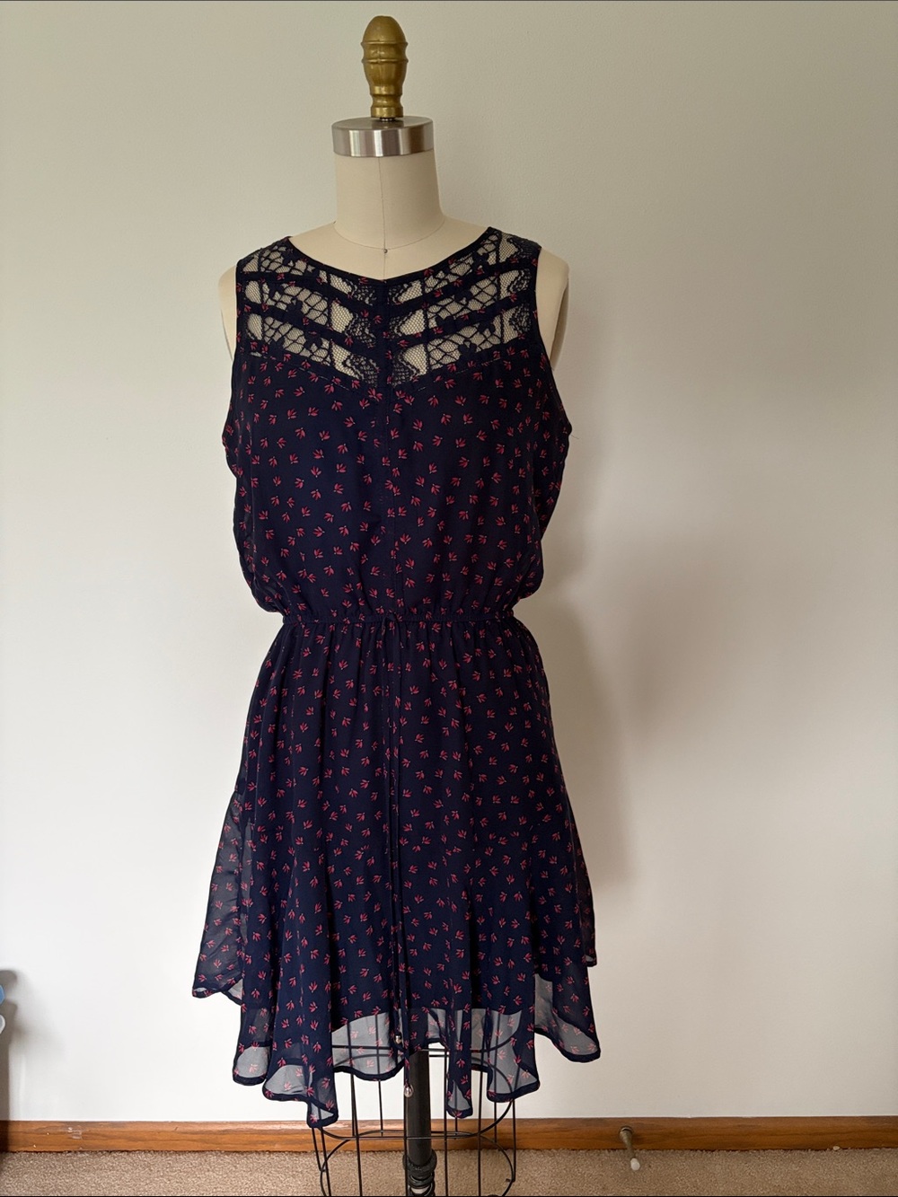Maurices Navy Dress with Pink Floral Print and Lace Yoke